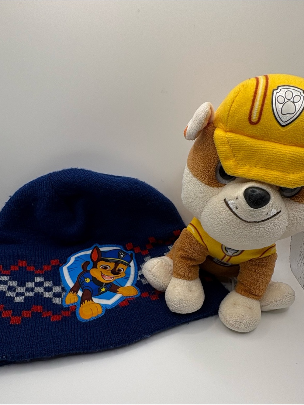 Paw Patrol Rubble Plush & Chase Knit Beanie Hat Bundle Kids Nickelodeon